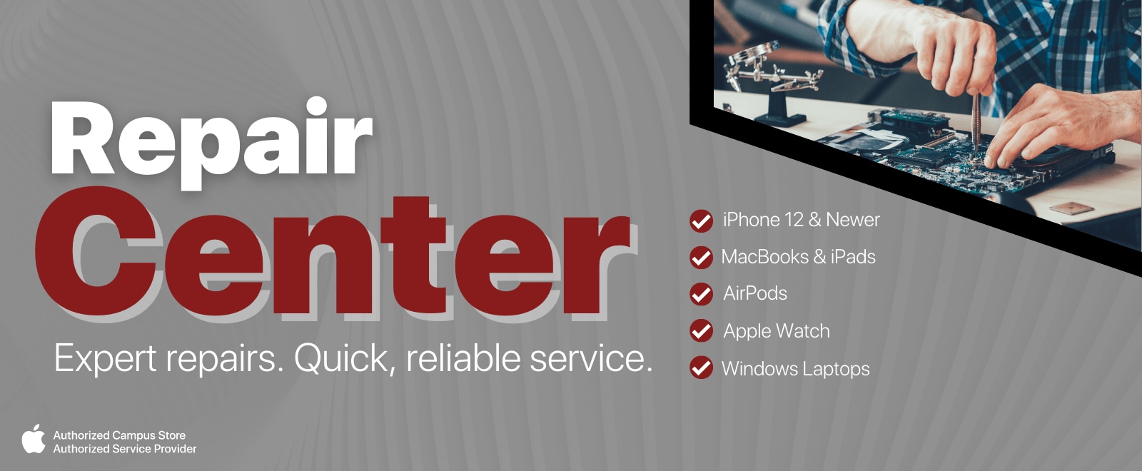 Certified technicians repairing Apple MacBooks, Windows PCs, iPads, and iPhones at UMass Store Repair Center